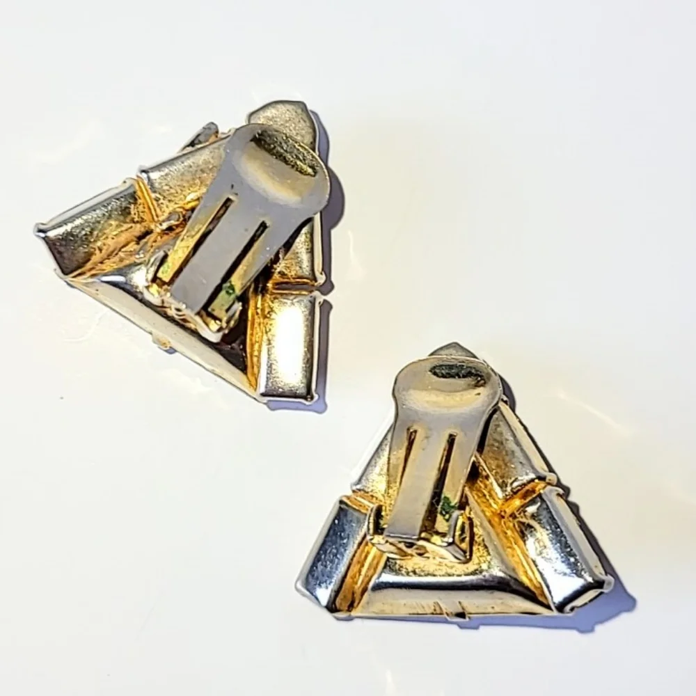 Art Deco Cognac Triangular Crystal Clip Earrings - Vintage Earth Tone Colors